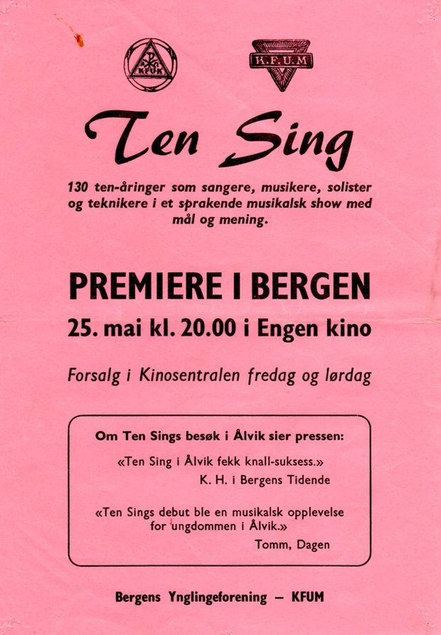 Flygeseddel for TEN SINGS første STORE oppsetning i Engen Kino, Bergen WEB